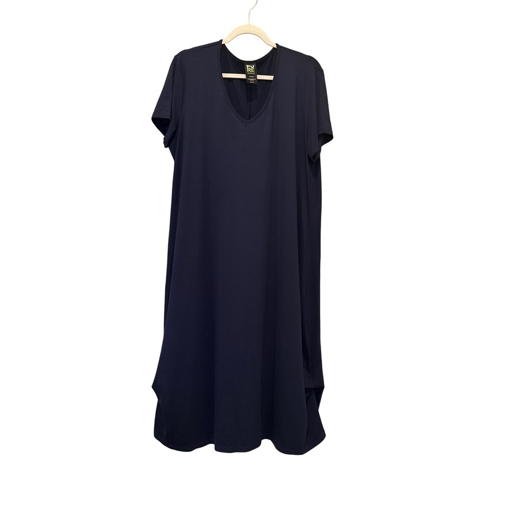 Pure Essence Short Sleeve Midi Dress Navy Blue Bamboo Blend Lagenlook Travel XL